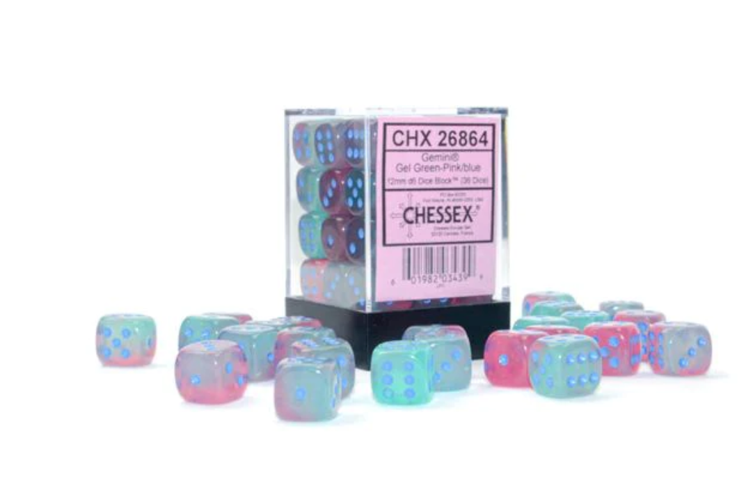 Dés à Jouer Chessex Gemini Black-Grey/Green - Lot De 36 Dés D6 De 12 Mm Pour Jeux De Rôle Ou Collection