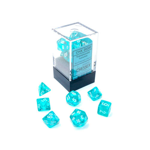 Translucent Teal/White Mini-Polyhedral 7 Die Set