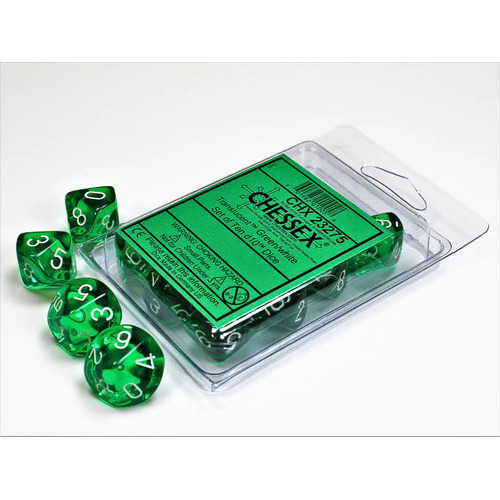 Chessex Dice Sets: Green/white Translucent D10 Set (10)