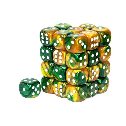 Chessex Dice Sets: Gold-Green/White Gemini 12mm d6 (36)