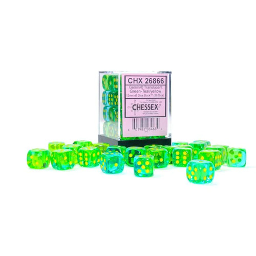  Gemini® 12mm d6 Translucent Green-Teal/yellow Dice Block™ (36 dice)