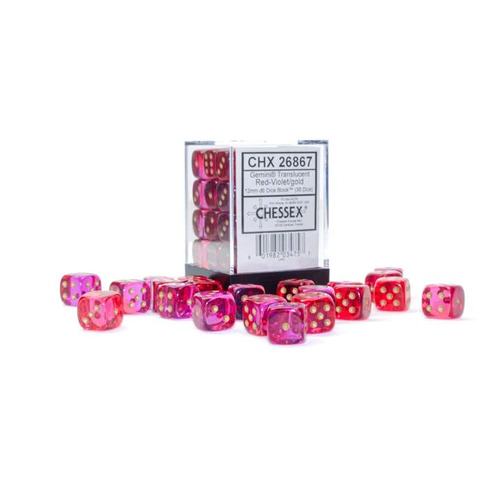 Gemini® 12mm d6 Translucent Red-Violet/gold Dice Block™ (36 dice)