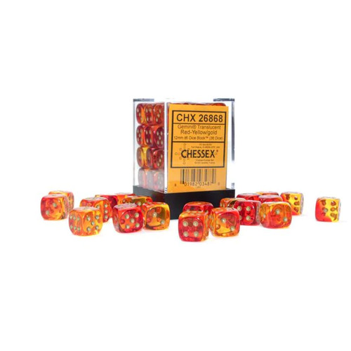  Gemini® 12mm d6 Translucent Red-Yellow/gold Dice Block™ (36 dice)