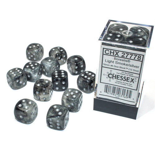 Borealis® 16mm d6 Light Smoke/silver Luminary Dice Block™ (12 dice)