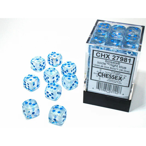 Borealis® 16mm d6 Icicle™/light blue Luminary Dice Block™ (12 dice)