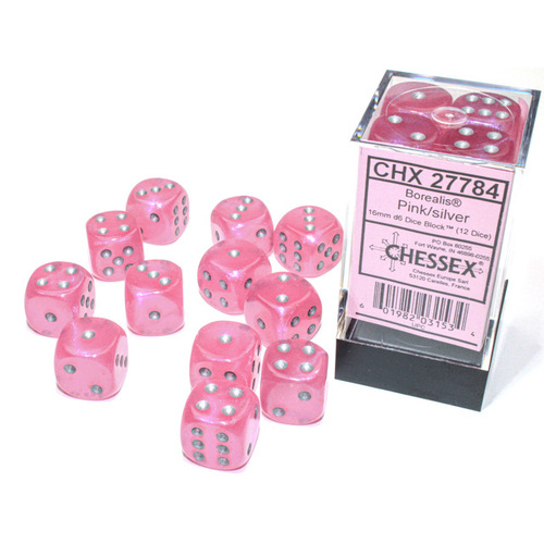 Borealis® 16mm d6 Pink/silver Luminary Dice Block™ (12 dice)