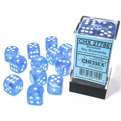 Borealis® 16mm d6 Sky Blue/white Luminary Dice Block™ (12 dice)