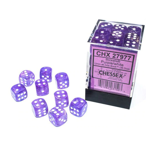 Borealis - 12mm d6 Purple/white Luminary Dice Block (36 dice)