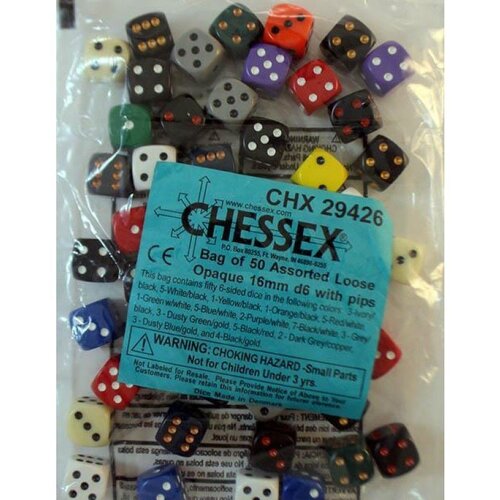 Chessex Bulk Dice Sets: Assorted Opaque 16mm d6 Bag (50)