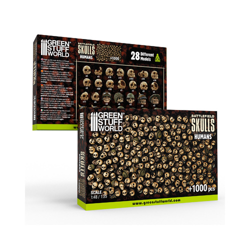 Green Stuff World - 3D Printed - Skulls & Bones - 1000x Battlefield Skulls - Humans