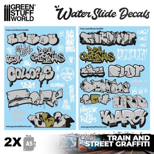 Green Stuff World - Waterslide Decals - Train and Graffiti Mix - Silver and Gold
