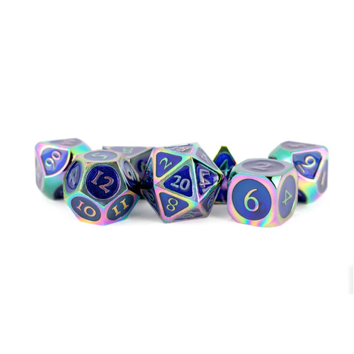 MDG 16mm Metal Polyhedral Dice Set: Rainbow w/ Blue Enamel