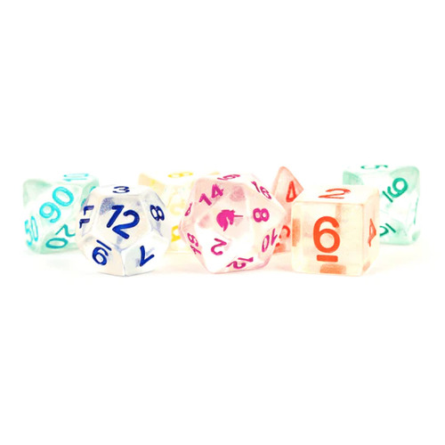 MDG 16mm Resin Polyhedral Dice Set: Unicorn Rainbow Ice