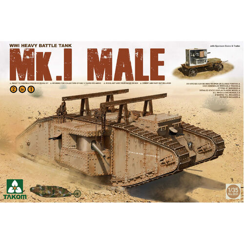 Takom 1/35 WWI Heavy Battle Tank Mk.I Male 2 in 1 (w/ crane & flat trailer) Plastic Model Kit 
