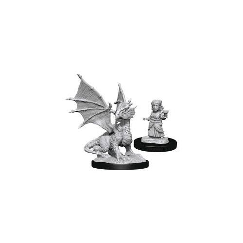 WizKids Deep Cuts Unpainted Miniatures Silver Dragon Wyrmling & Female Halfling